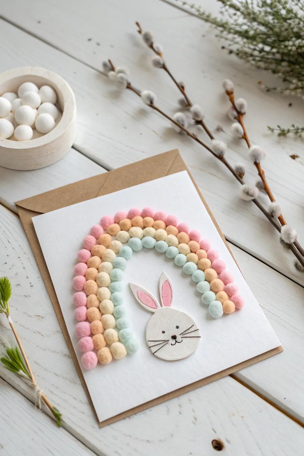 Create a Rainbow Cotton Ball Bunny card: a charming blend of softness and color for a joyful Easter project!