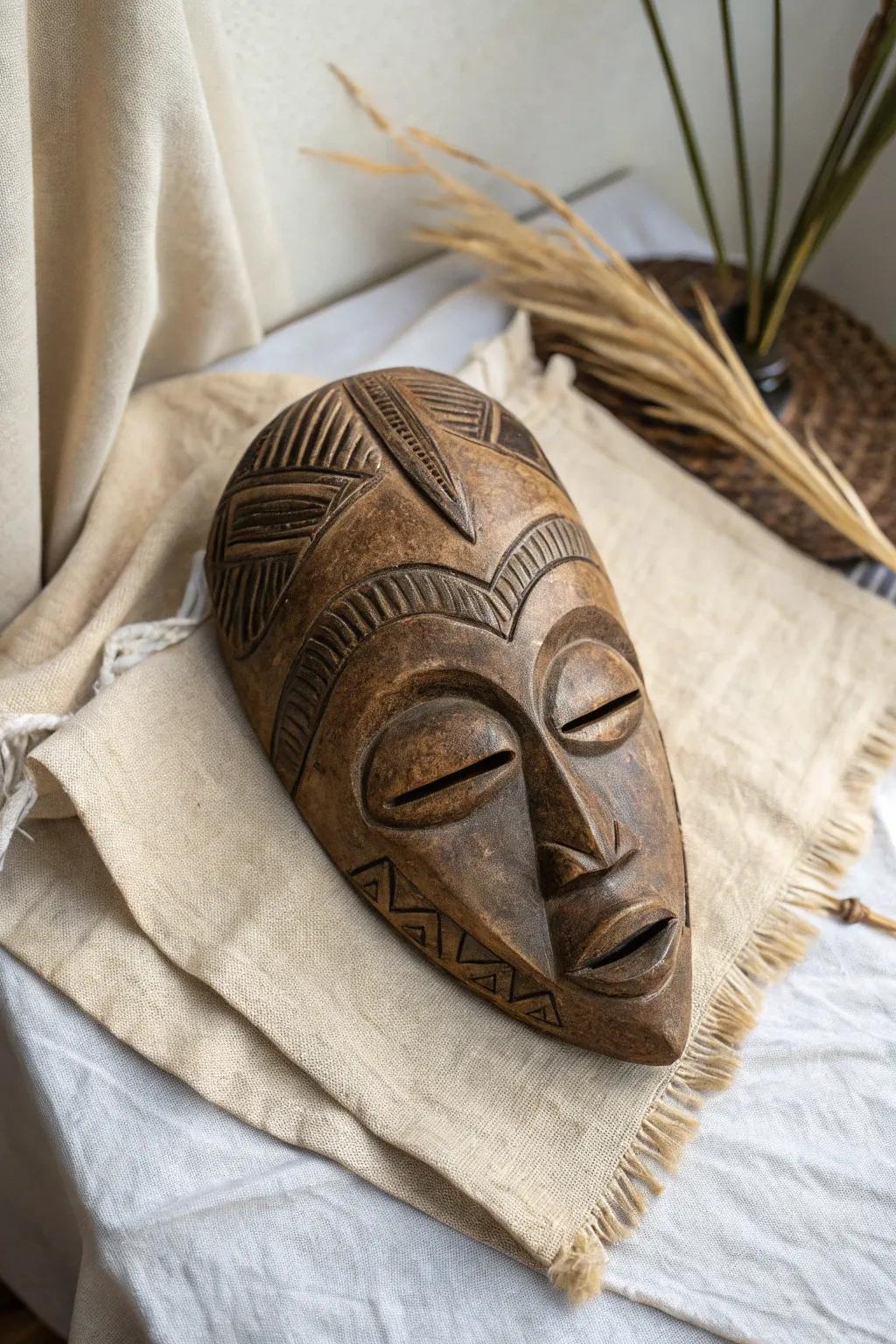 Discover the art of simplicity with this handcrafted wooden mask, where craftsmanship meets natural beauty.