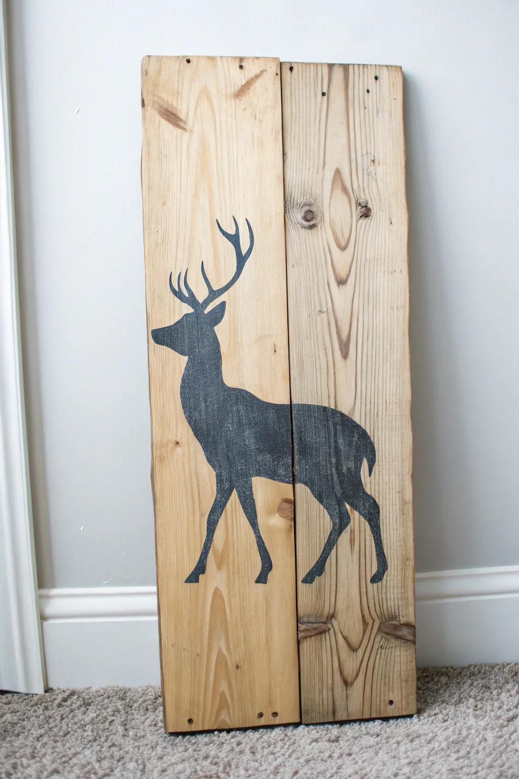Elegant woodland silhouette on rustic wood – perfect for adding a touch of nature to your decor.