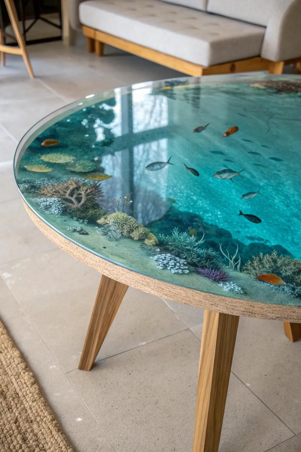 Dive into your own underwater adventure with this stunning epoxy table top, where artistry meets the serenity of the sea. 🌊✨ #ScandinavianDesign #BohoChic