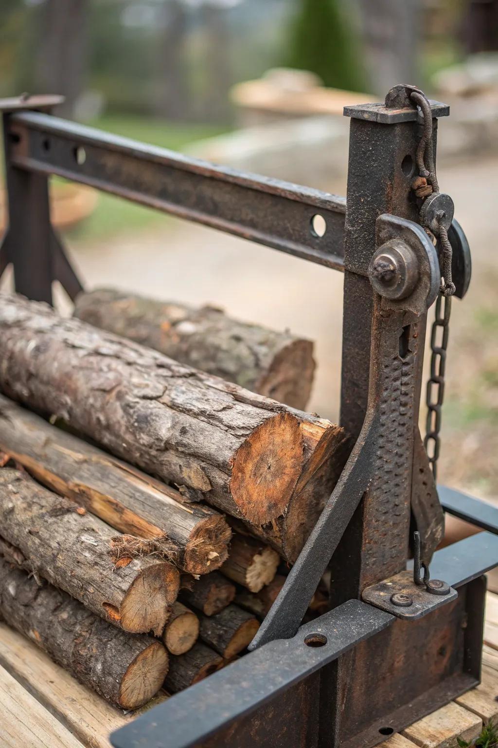 Transforming scrap into strength: DIY log splitter with rustic recycled metal charm.