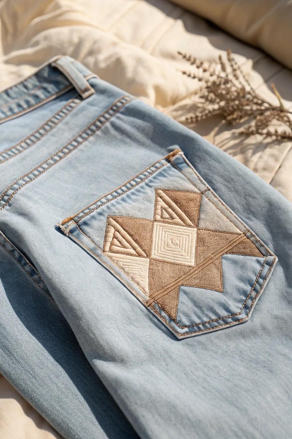 Add warmth and style with cozy quilted patches on your jeans.