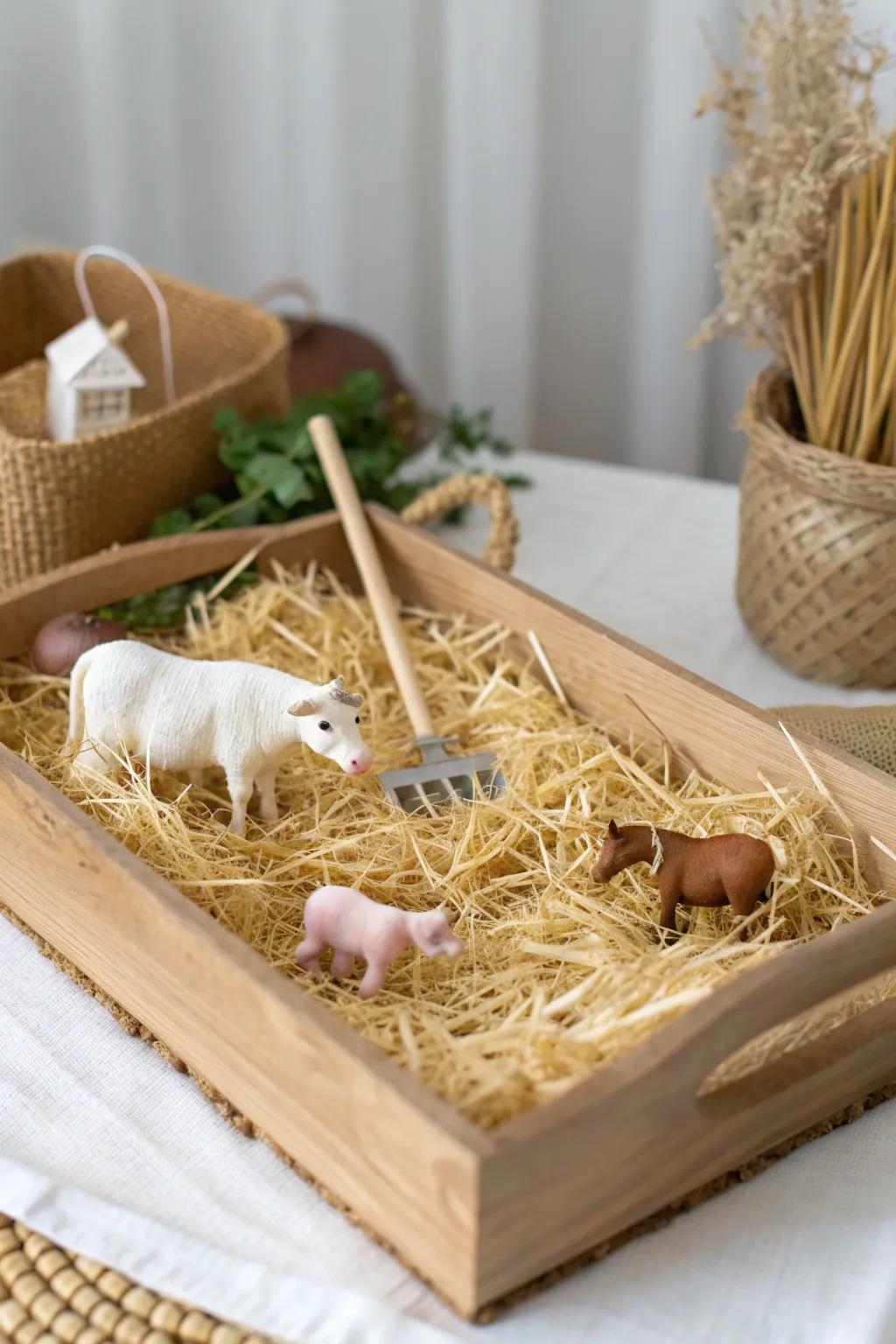 Immerse in imaginative play with this enchanting Spring Farmyard sensory bin. 🌿🐑 #ScandinavianMinimalism #BohoFarm