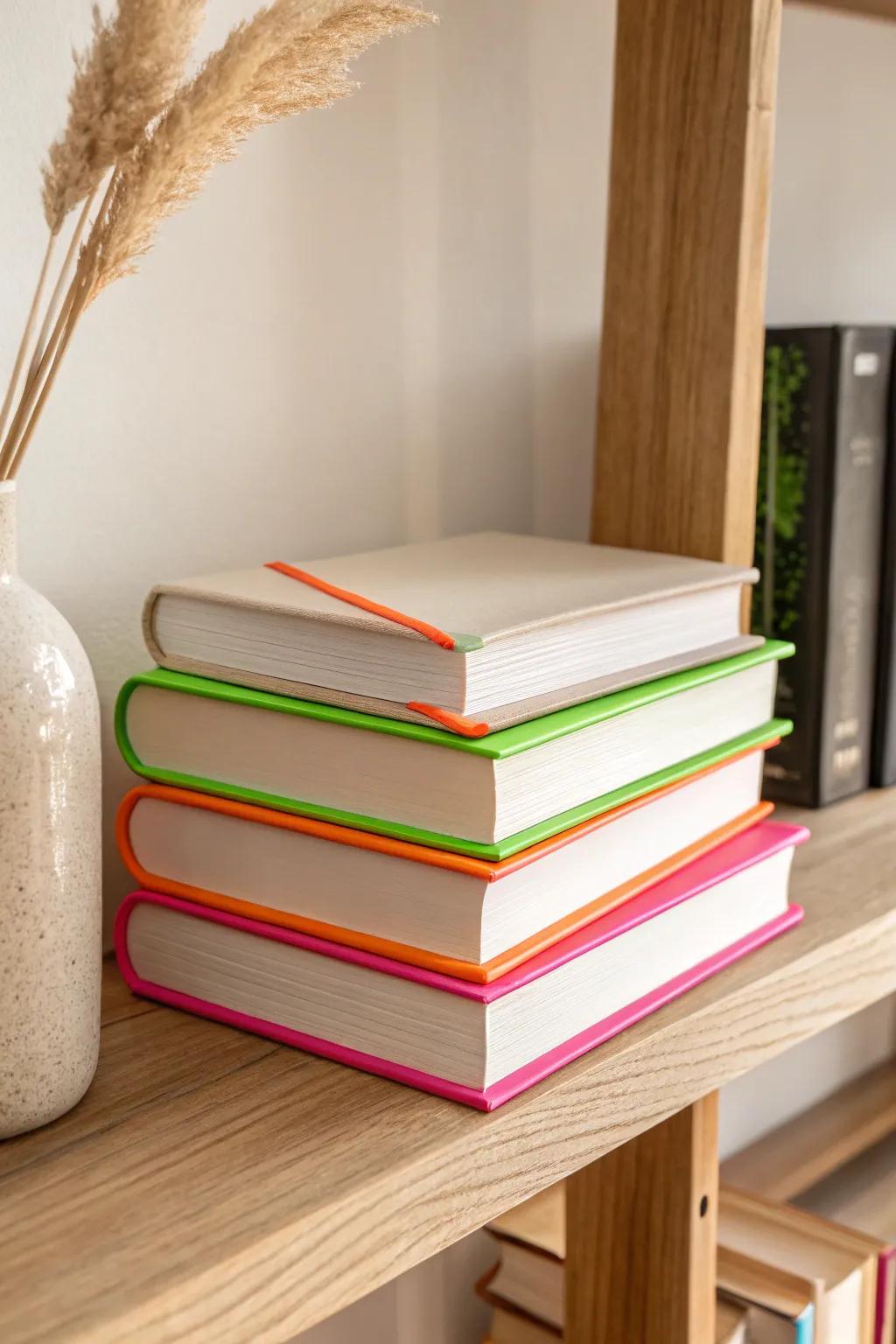 Add a pop of personality to your bookshelf with neon-painted book edges! 📚✨ #BookLovers #NeonVibes