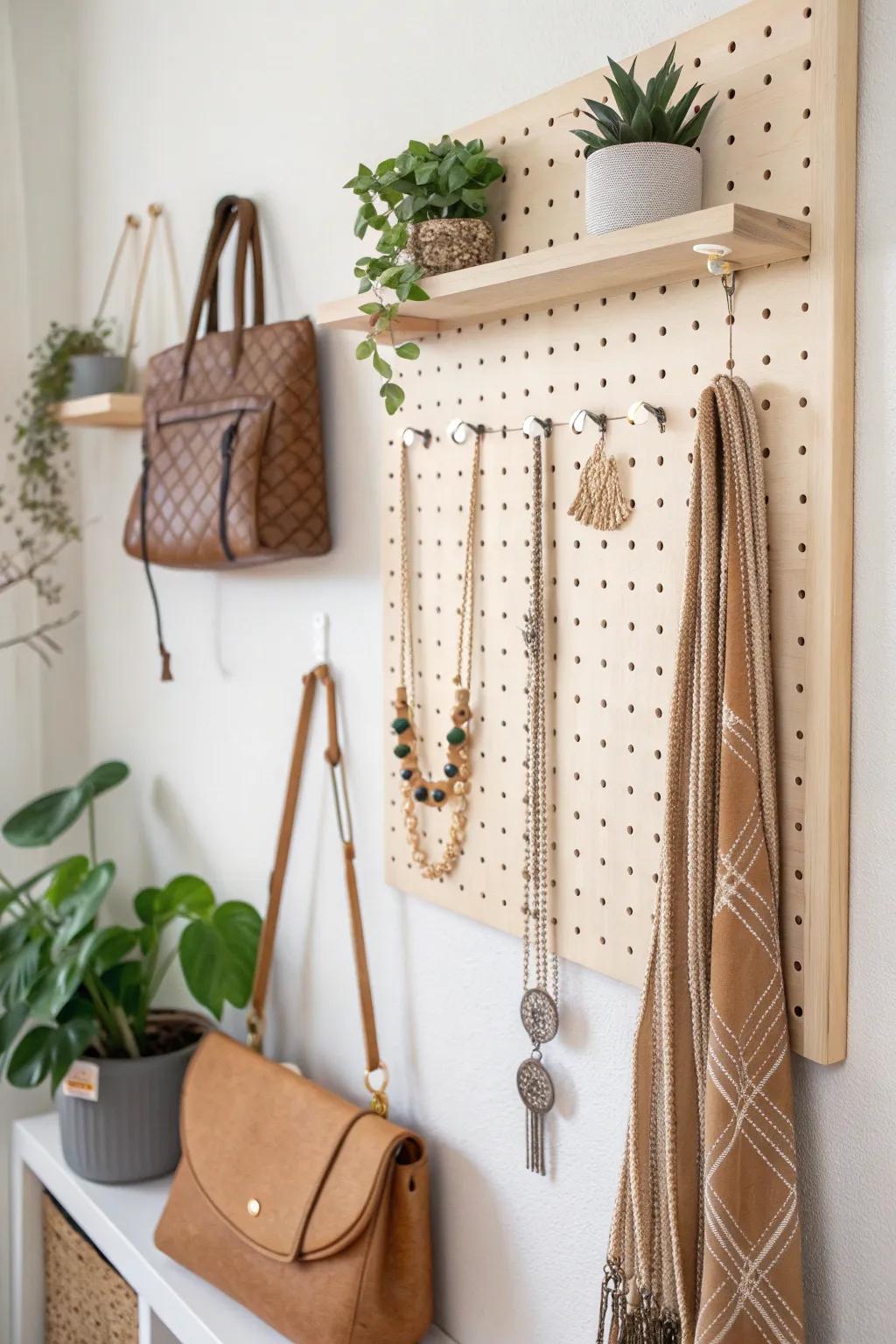 Transform your closet into a chic art installation with a versatile pegboard – where function meets elegance.