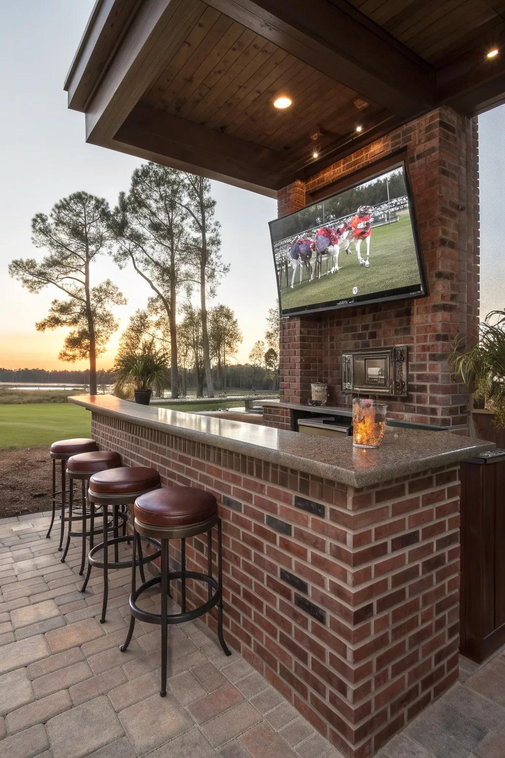 Elevate your outdoor bar experience with a sleek TV setup, perfect for game day gatherings.