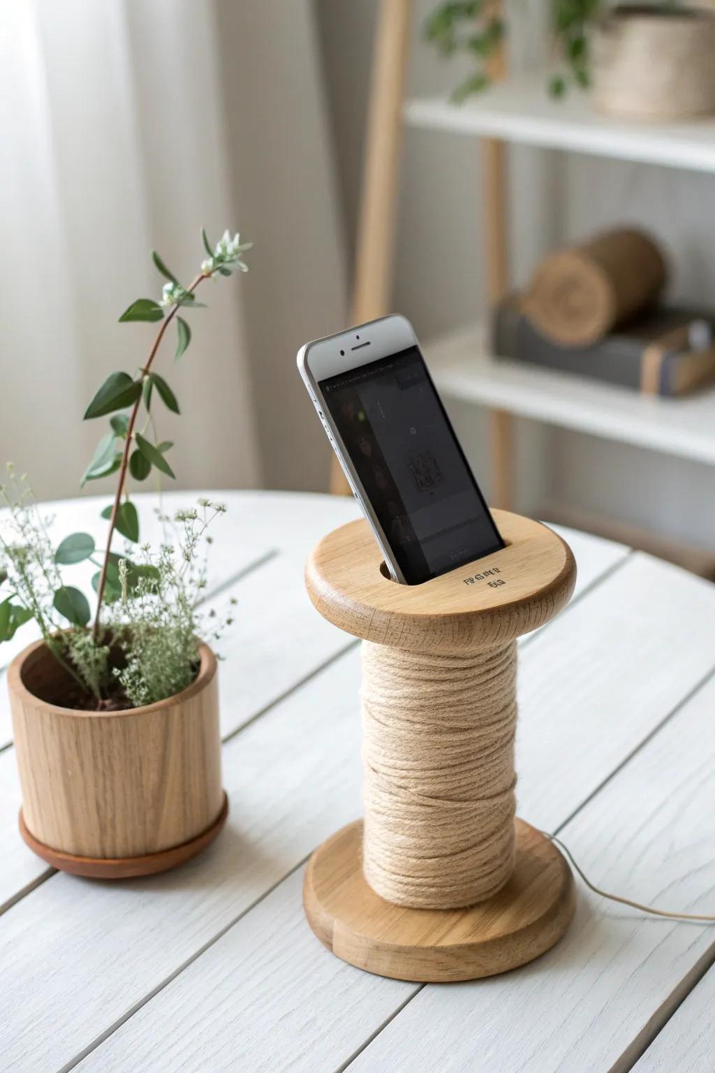 Elevate simplicity: Craftsmanship meets functionality with this charming sewing spool phone stand.