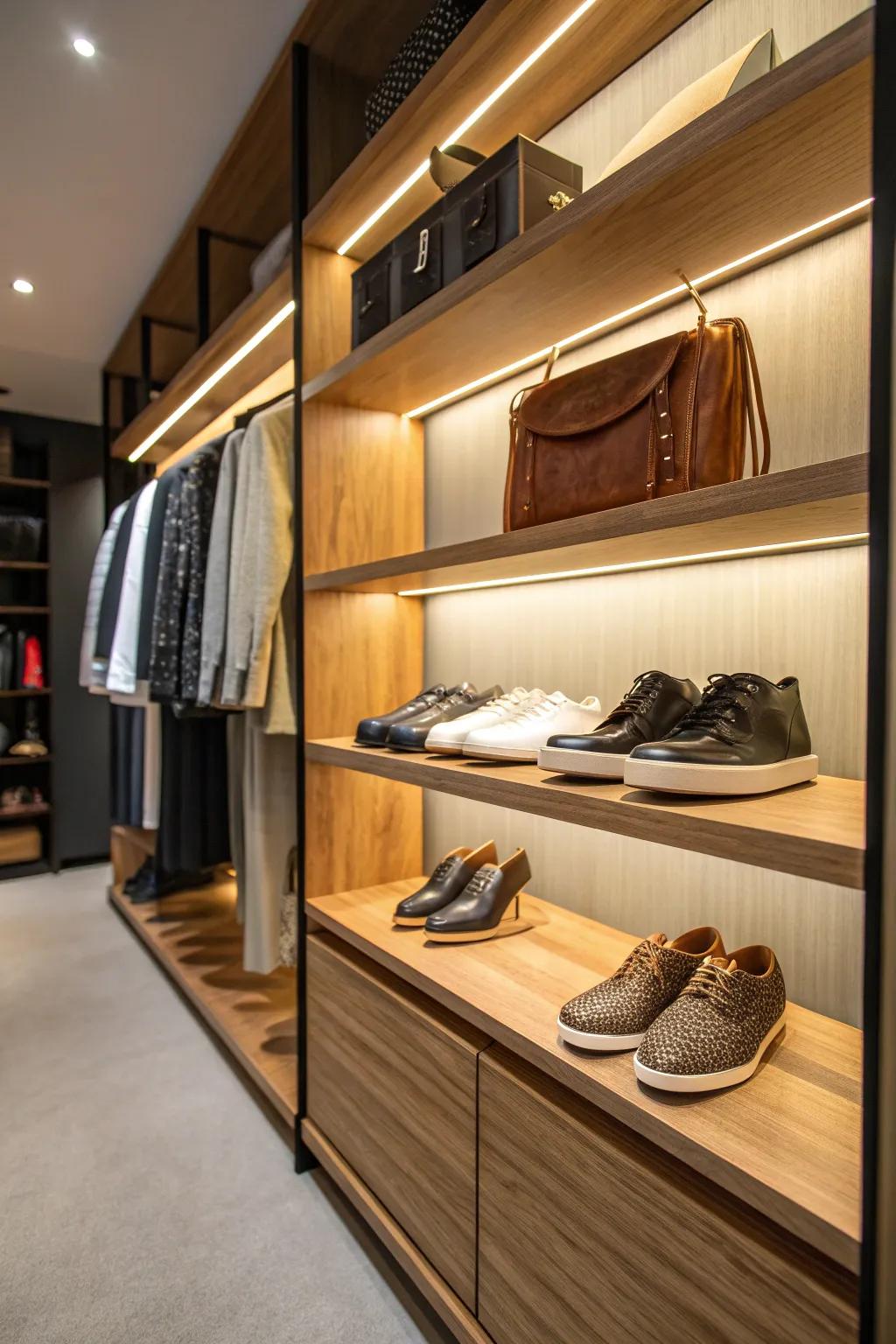 Transform your closet into a personal boutique with custom plywood shelves that blend style and craftsmanship.