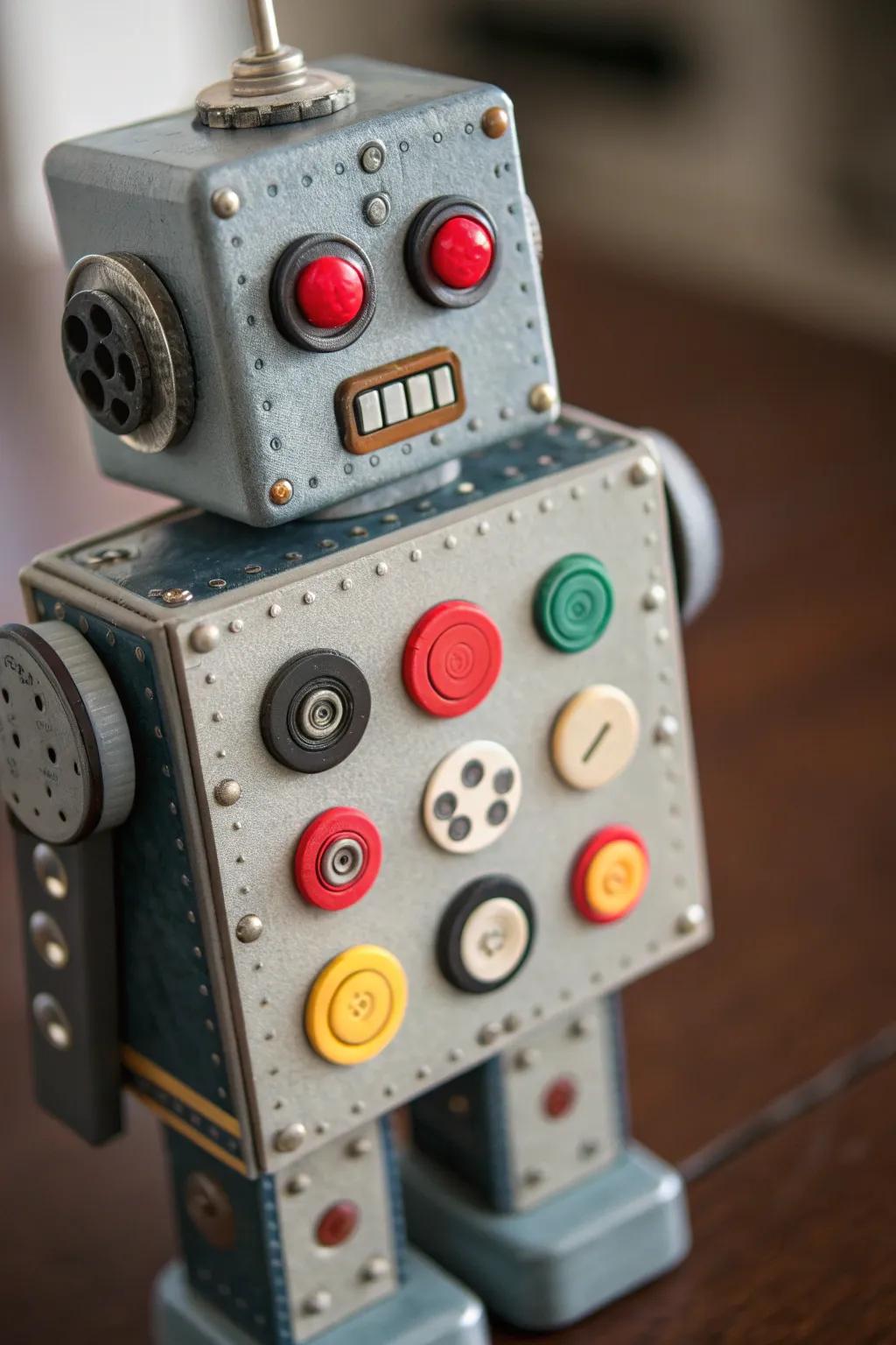Unlock creativity with vintage button controls on your recycled robot masterpiece!