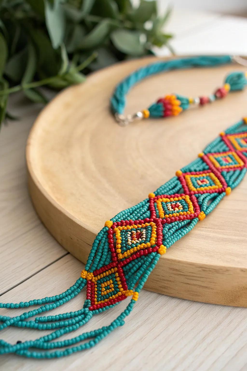 Embrace bold elegance with this vibrant seed bead masterpiece—where Scandinavian simplicity meets bohemian flair.