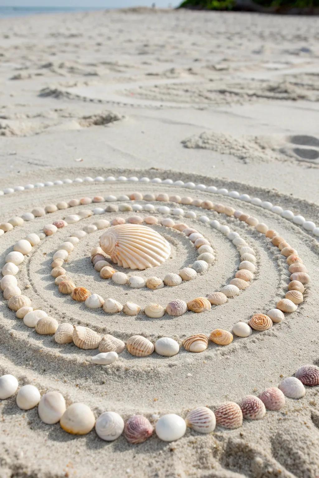 Discover the magic of nature's artistry with these enchanting shell circles on the sand.