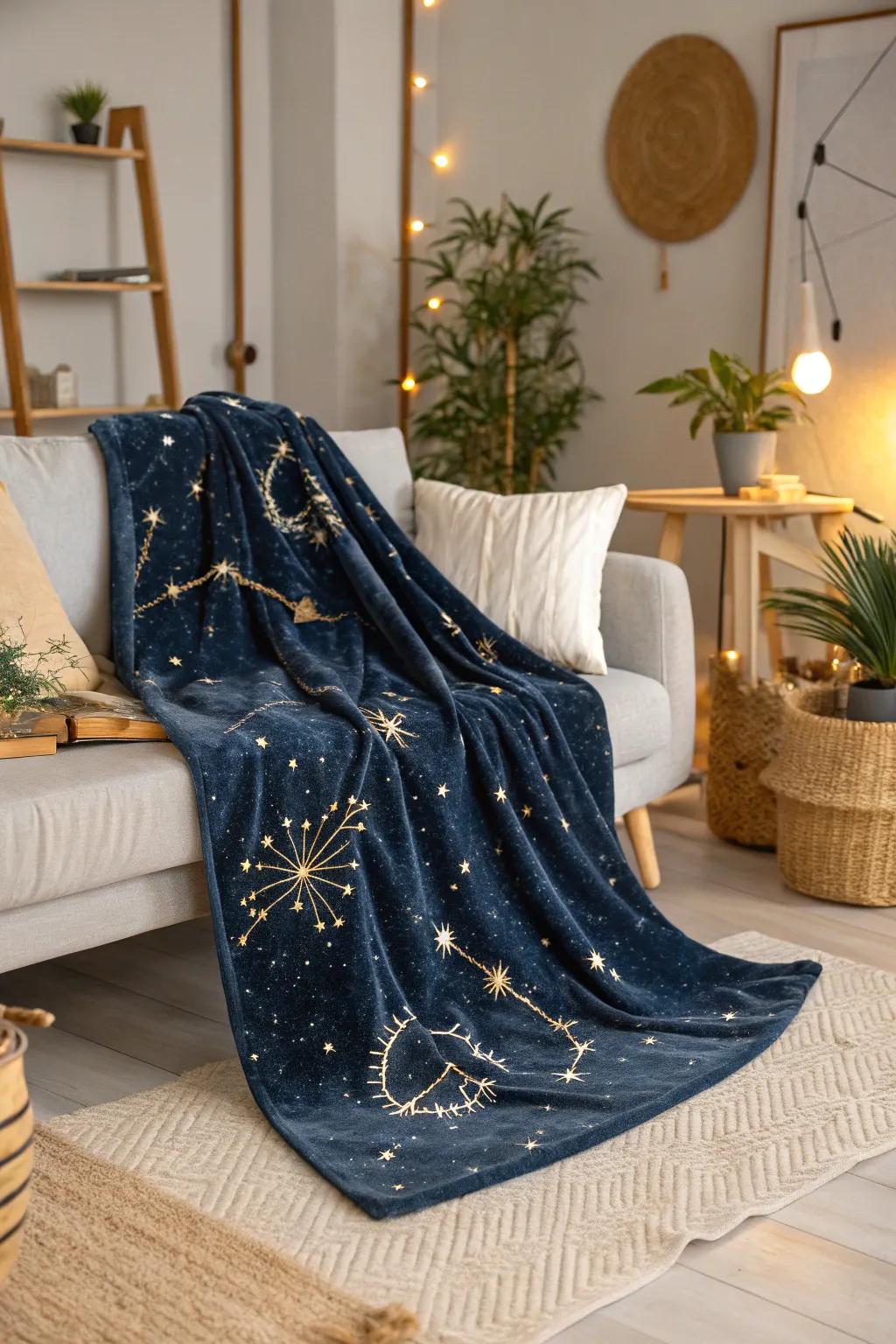 Wrap yourself in the cosmos with this enchanting starry night blanket, perfect for serene stargazing moments at home.