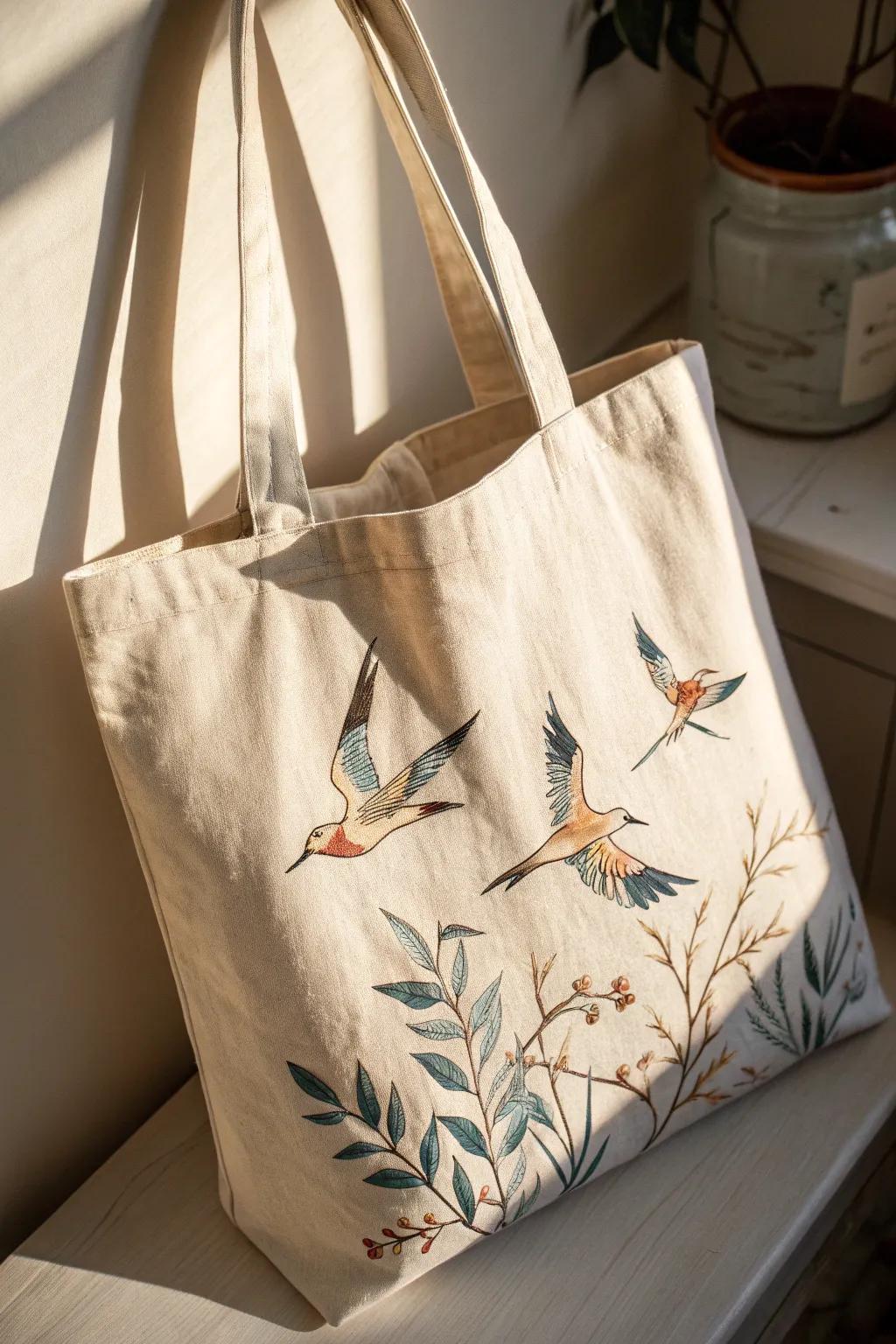 Soar with style: Embrace the elegance of birds in flight on your tote bag.