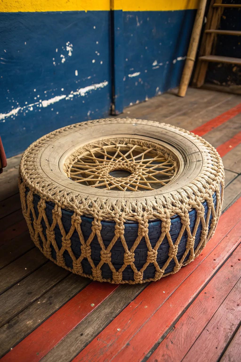 Transform your space with this striking Bohemian Tire Seat, where craftsmanship meets unconventional style.