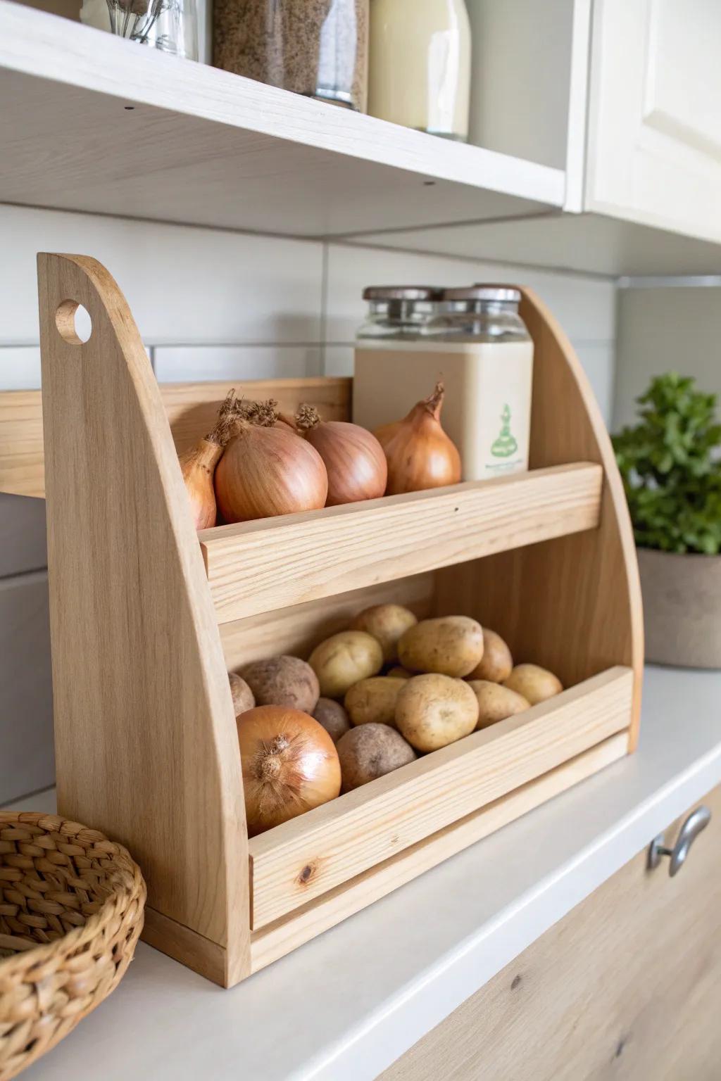 Transform your pantry into a masterpiece with this chic magazine holder hack for storing onions and potatoes!