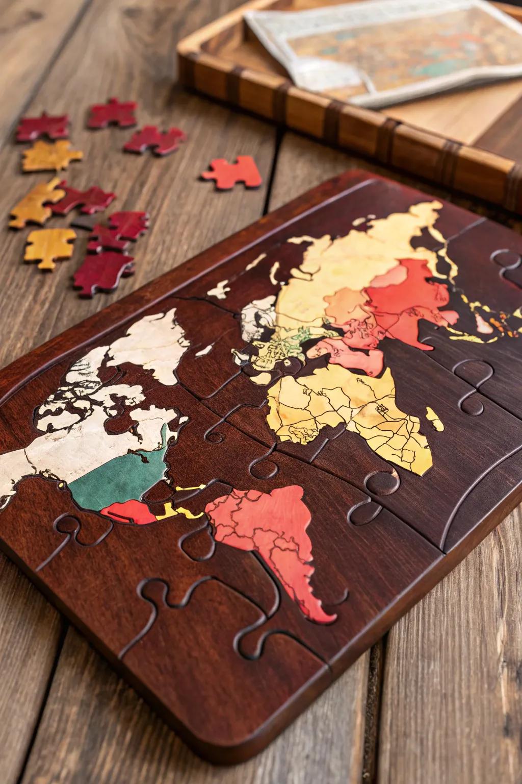 Unlock the world, one piece at a time with this exquisite wooden map puzzle.