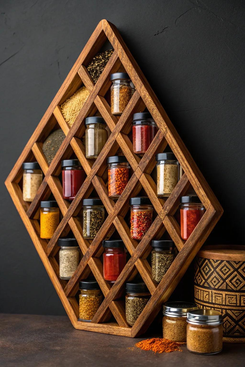Transform your kitchen with this artistically arranged spice rack, where craftsmanship meets creativity.