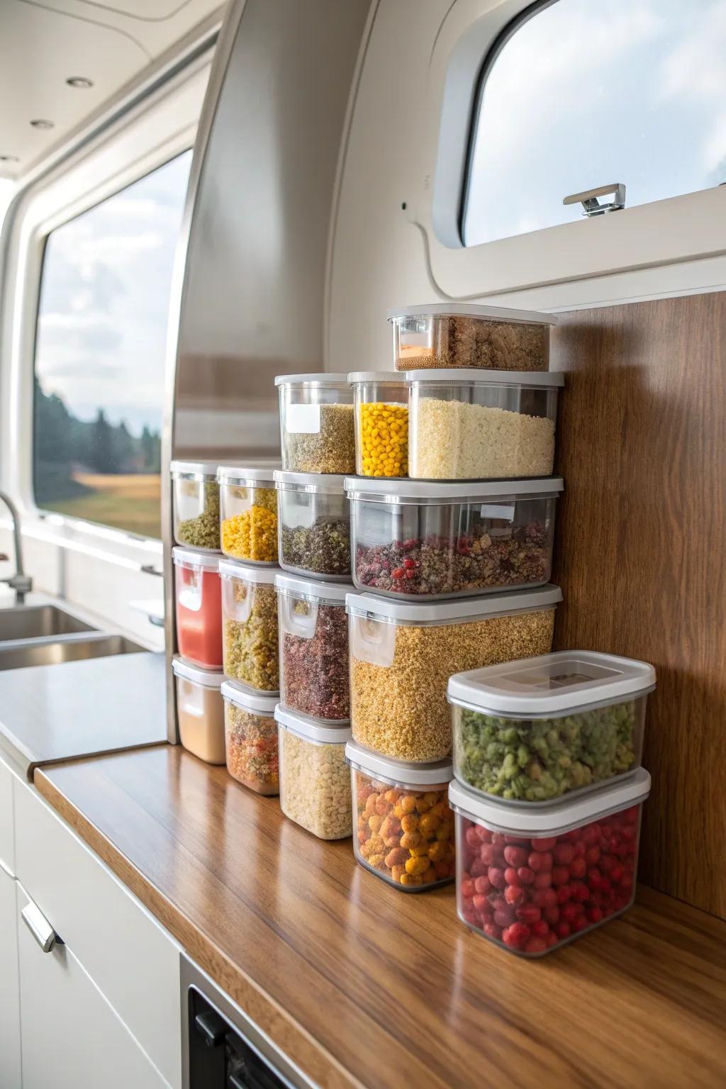 Effortless organization with clear containers for your Airstream adventures.