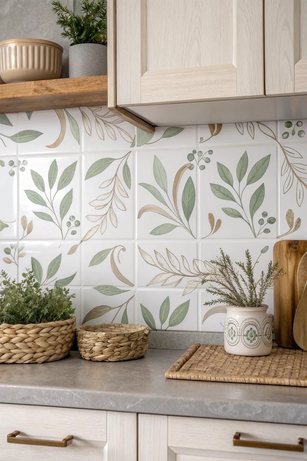 Bring the serenity of nature into your kitchen with elegant leaf stencils that exude minimalist charm.