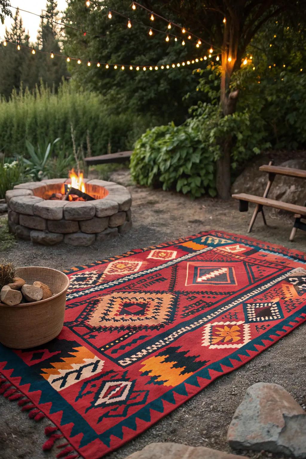 Transform your backyard fire pit into a stylish retreat with a bold, colorful rug.