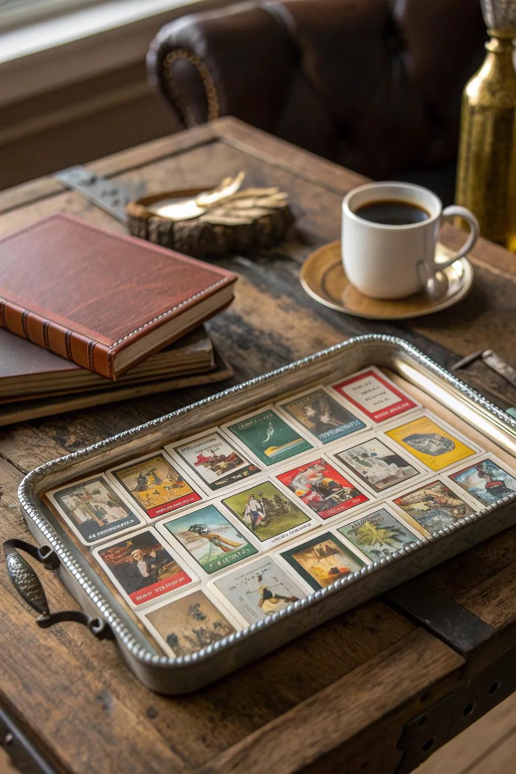 Elevate your coffee table game with a touch of nostalgia: a vintage card tray that’s both functional and a conversation starter!