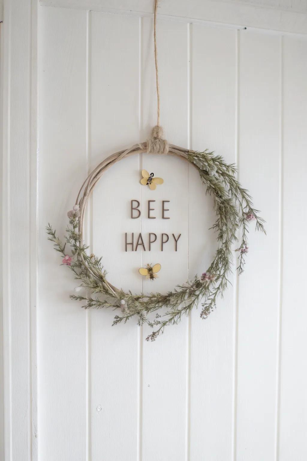 Embrace happiness with a minimalist 'Bee Happy' wreath that brings natural beauty and a touch of whimsy to your space.