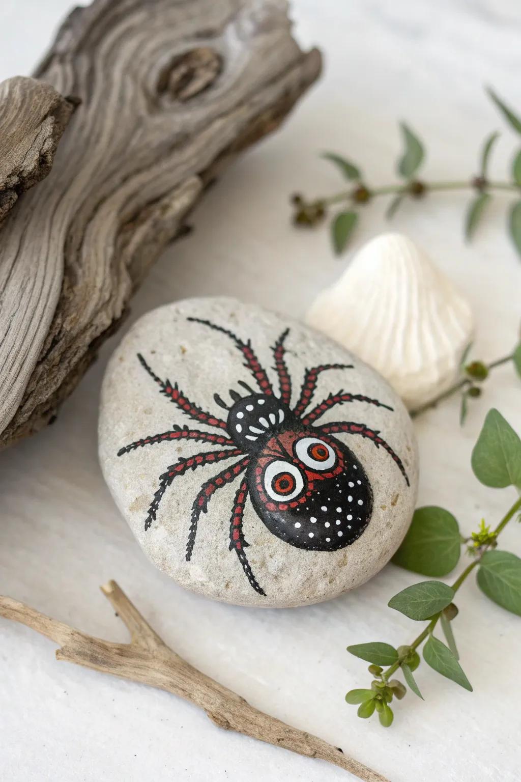 Transform ordinary stones into charming spider companions for a playful Halloween touch.