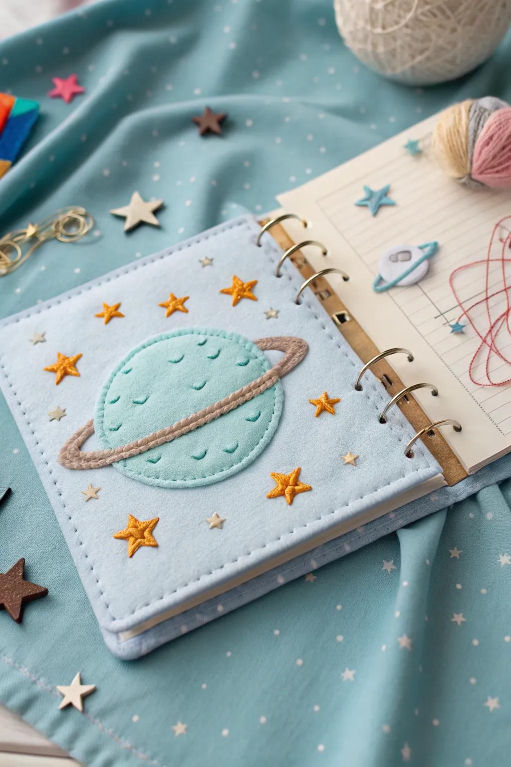 Embark on a cosmic journey with this handcrafted space explorer's busy book page, where imagination meets minimalist elegance.