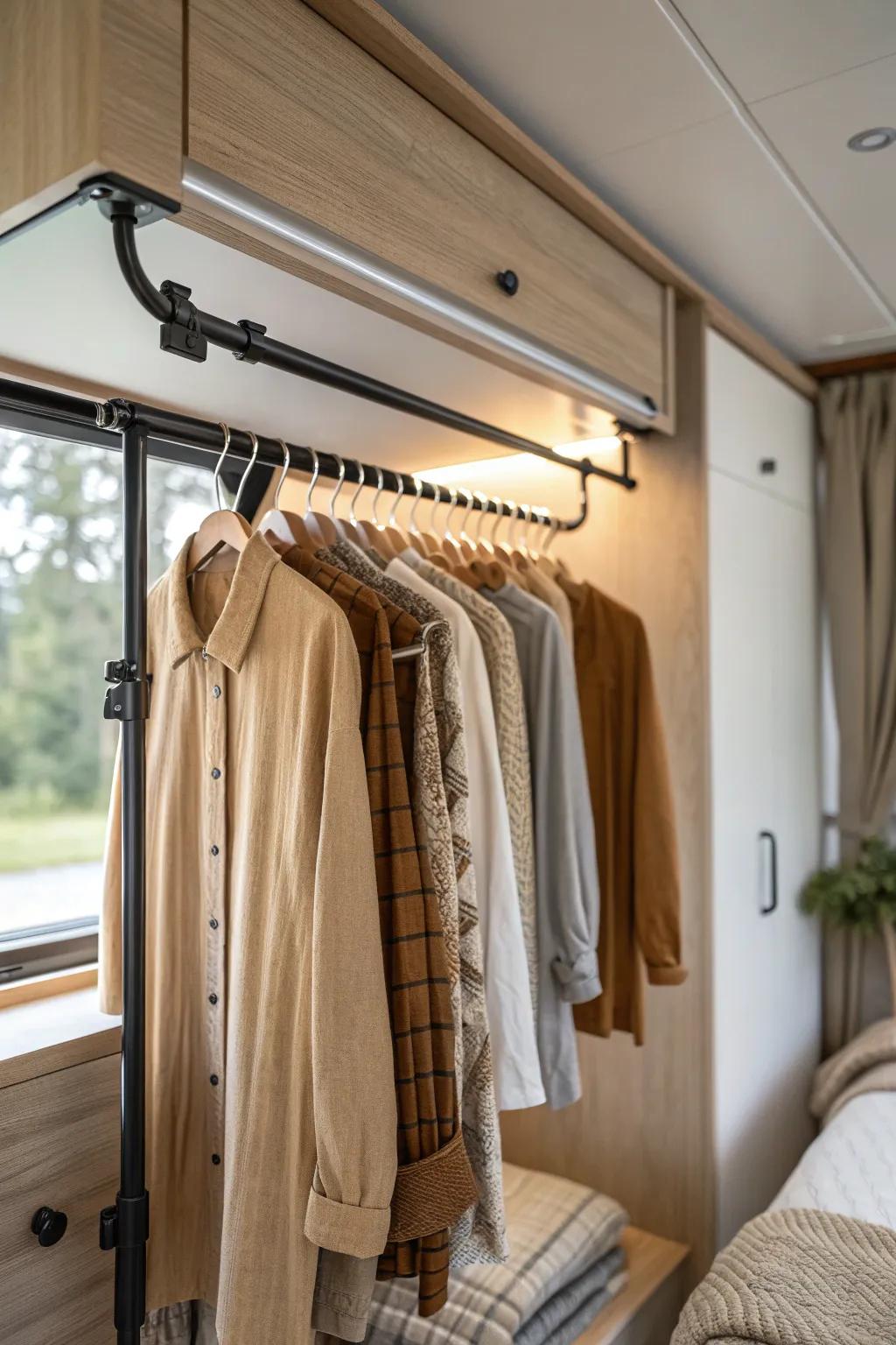 Maximize your camper closet space with stylish multi-use rods for a chic and functional touch.
