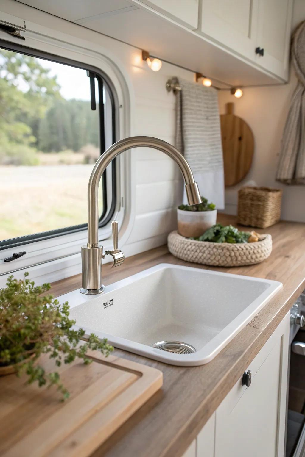 Elevate your campervan kitchen with a high-arc faucet, blending elegance and practicality effortlessly.