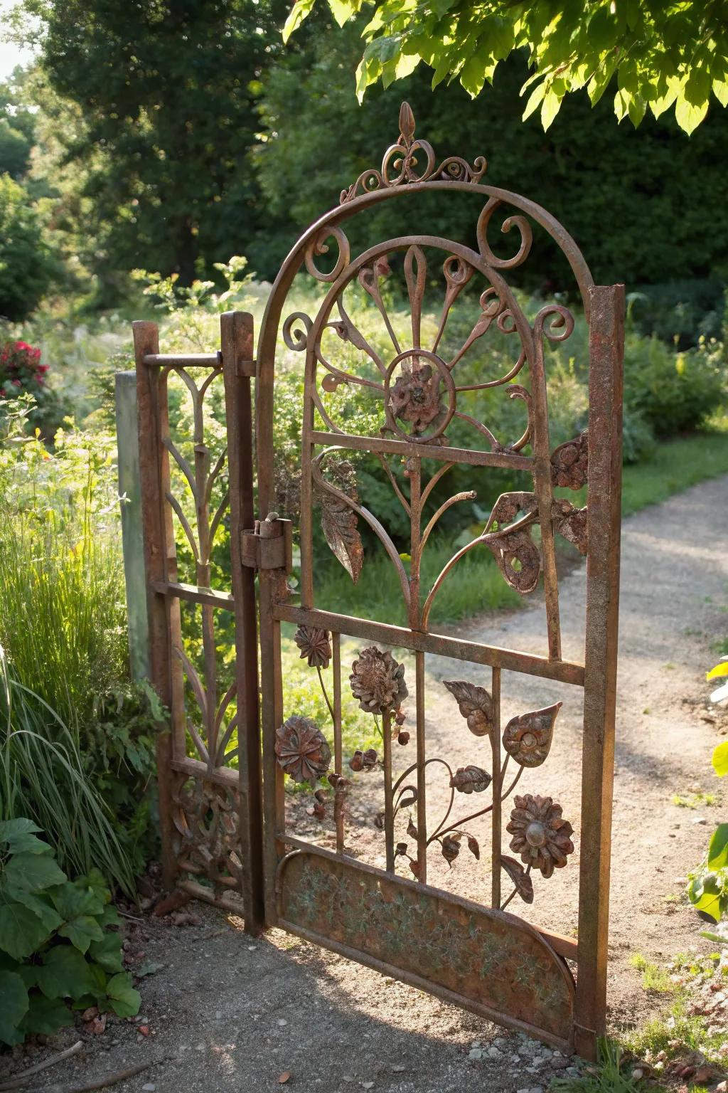 Transform forgotten relics into functional art: a bed frame's second act as a garden gate.