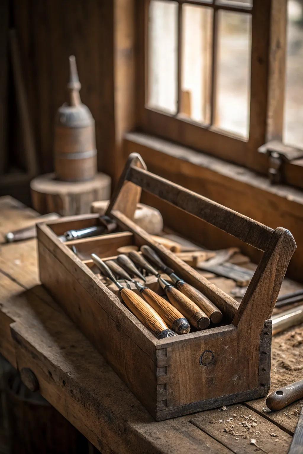 Elevate your workshop's style with vintage charm: repurpose wooden crates for chisel storage.