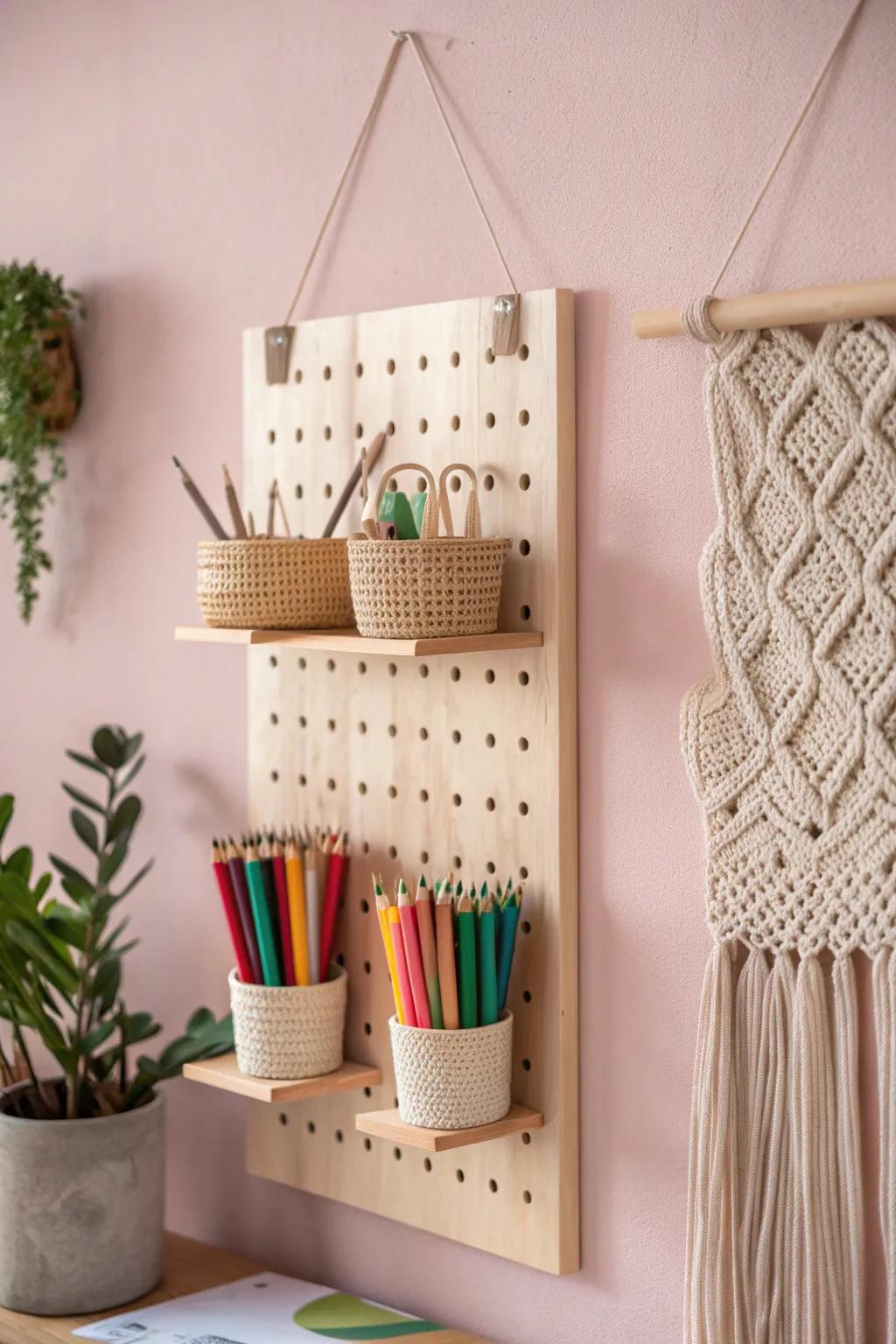 Transform your workspace with a chic pegboard display for your colored pencils. Simplicity meets creativity!