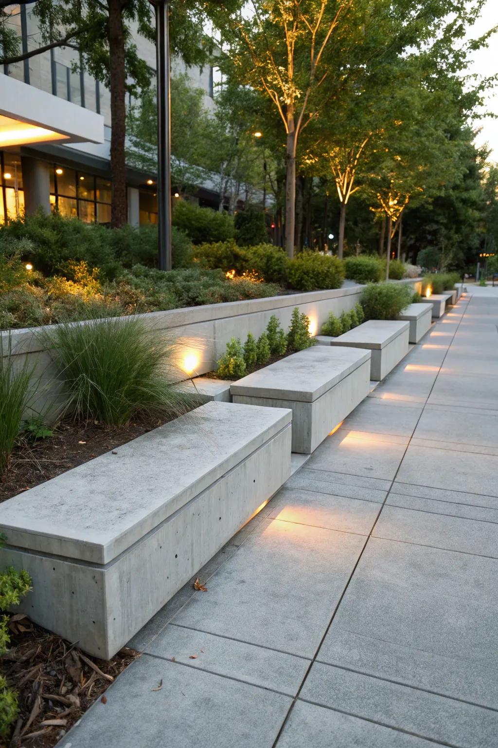 Transform your front yard with stylish concrete seating ledges that blend functionality with modern design.