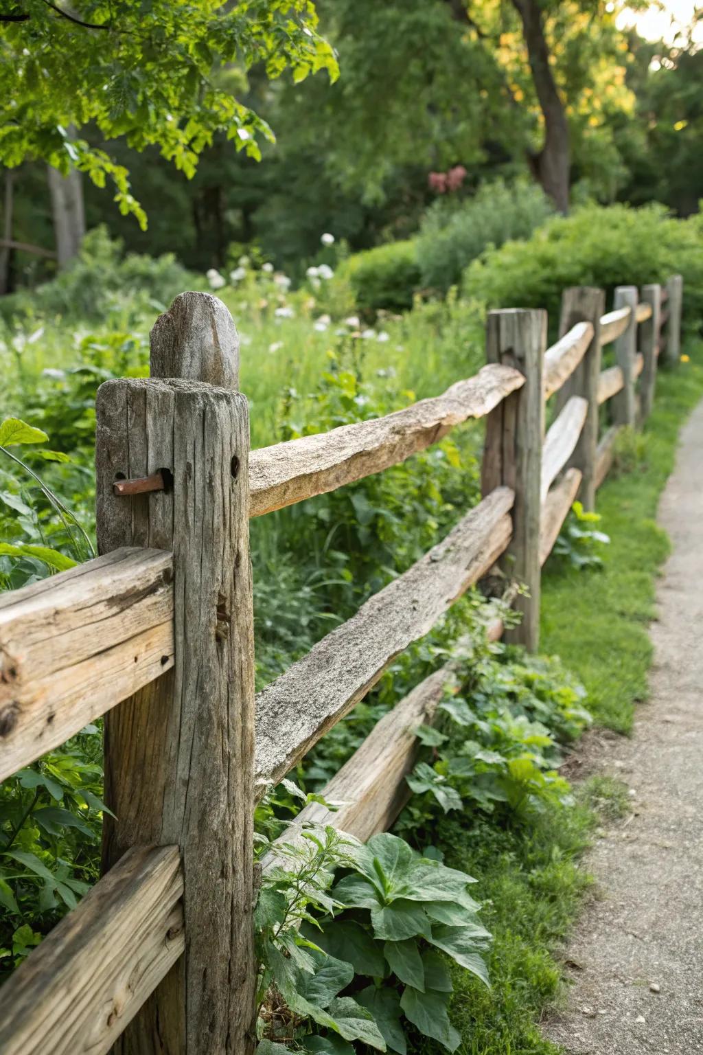 Add history to your garden with a reclaimed wood split rail fence.