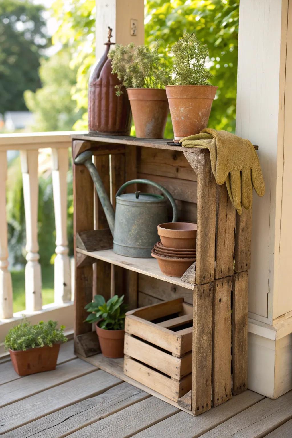 Transform your porch into a tidy oasis with stylish crate shelving for all your gardening essentials.