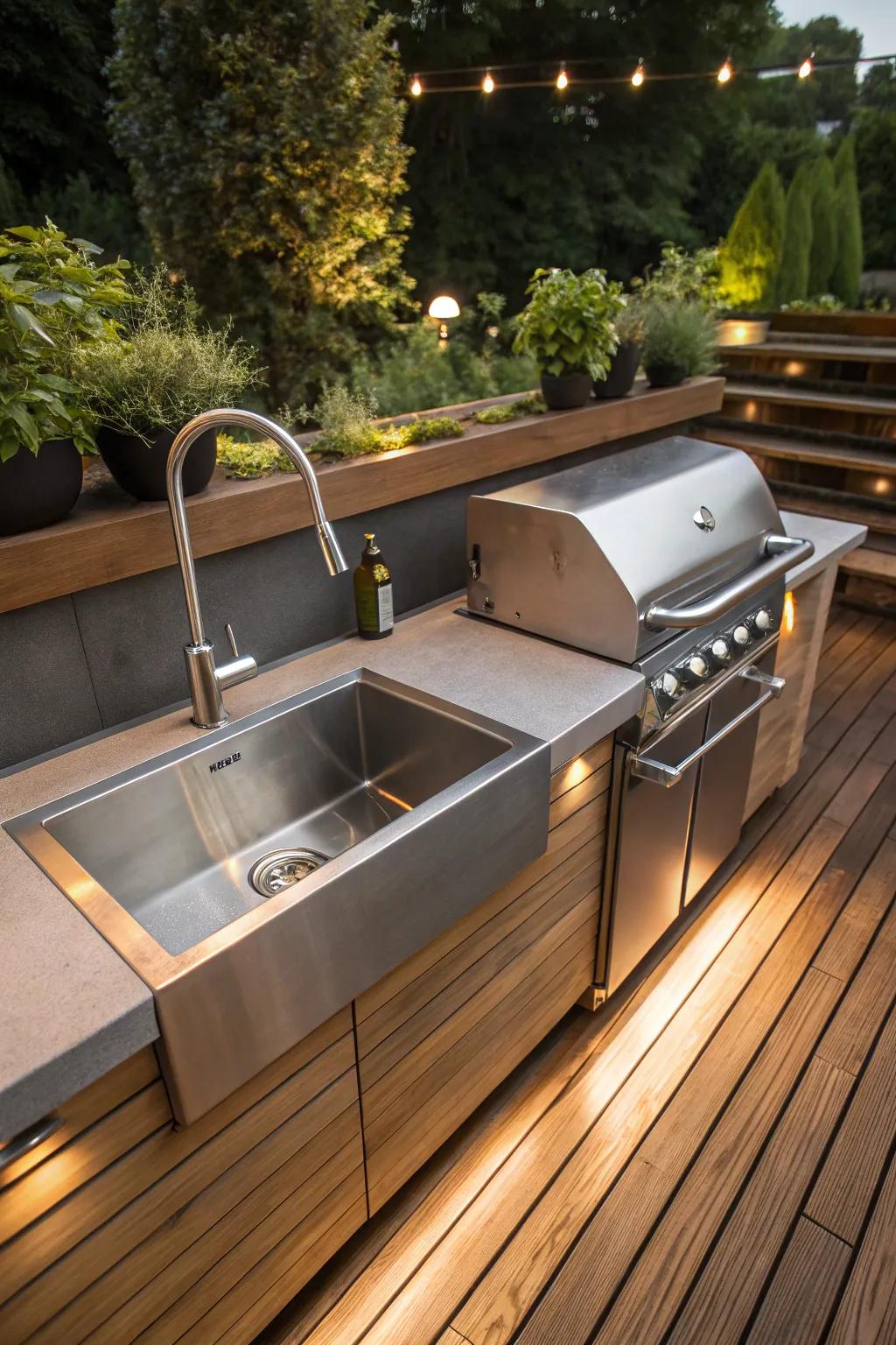 Elevate your grilling setup with a sleek outdoor sink for convenience and style.