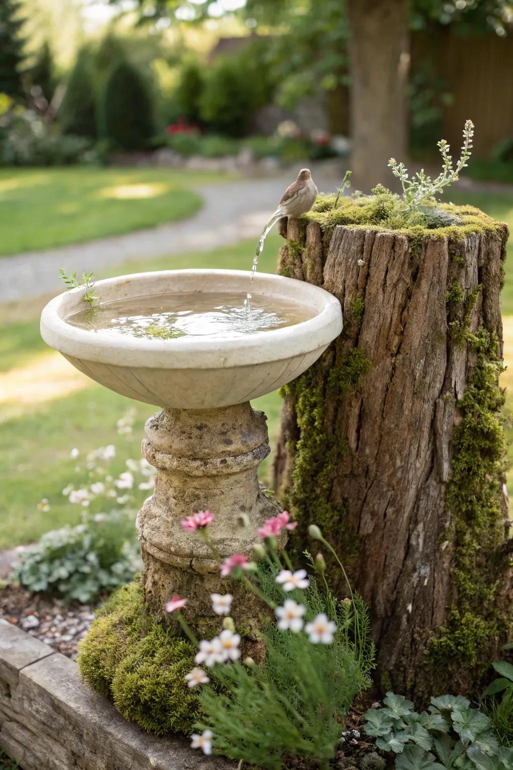 Embrace nature's elegance with a tree stump bird bath, blending craftsmanship and simplicity in your garden oasis.