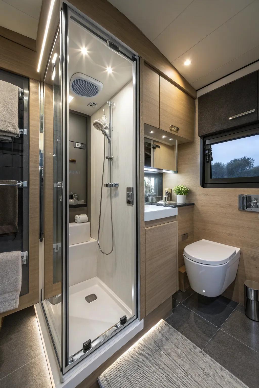 Elevate your camper experience with a functional and stylish compact bathroom solution!