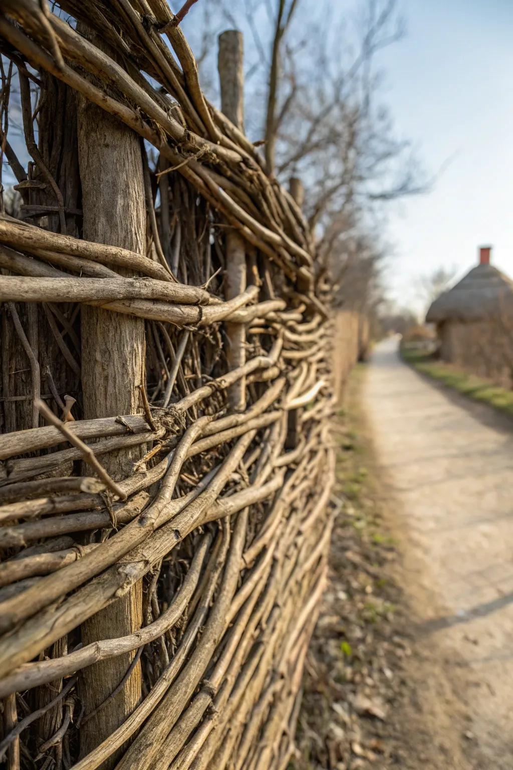 Bring rustic charm to your backyard with a handcrafted twine and branch privacy fence.