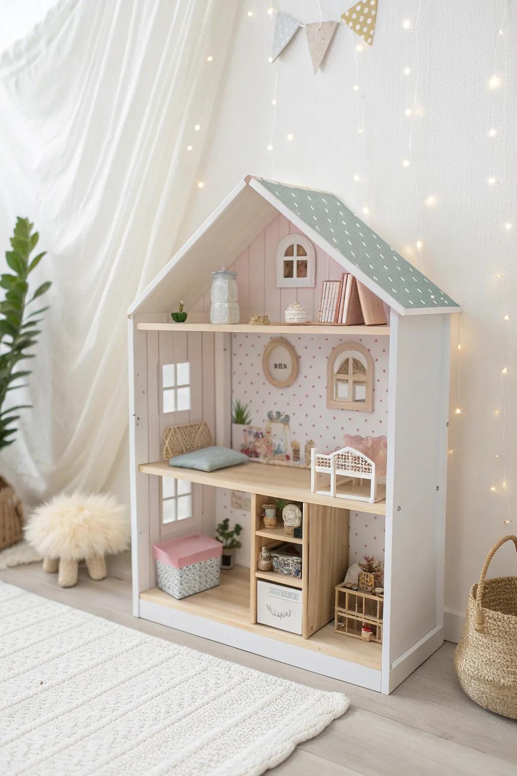 Transform your dollhouse into a chic storage solution with a minimalist touch. Perfect for keeping accessories neat and charming!