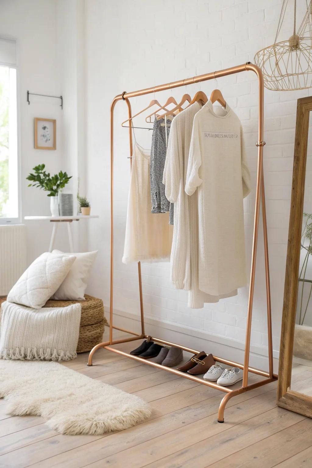Elevate your space with this sleek copper pipe clothes rack—where minimalism meets elegance.
