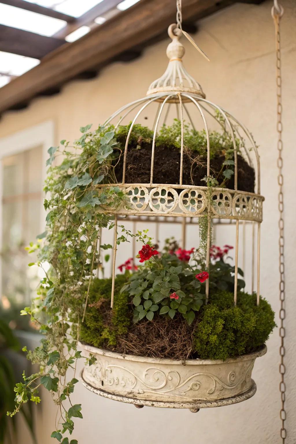 Transform vintage charm into garden beauty with a birdcage planter.