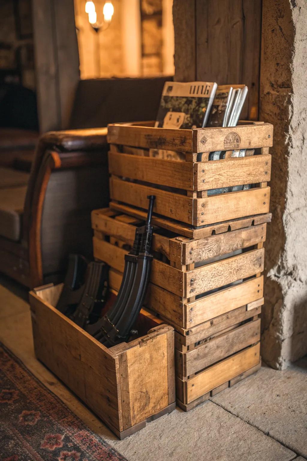 Transform your space with vintage charm: Creative gun magazine storage using rustic wooden crates.