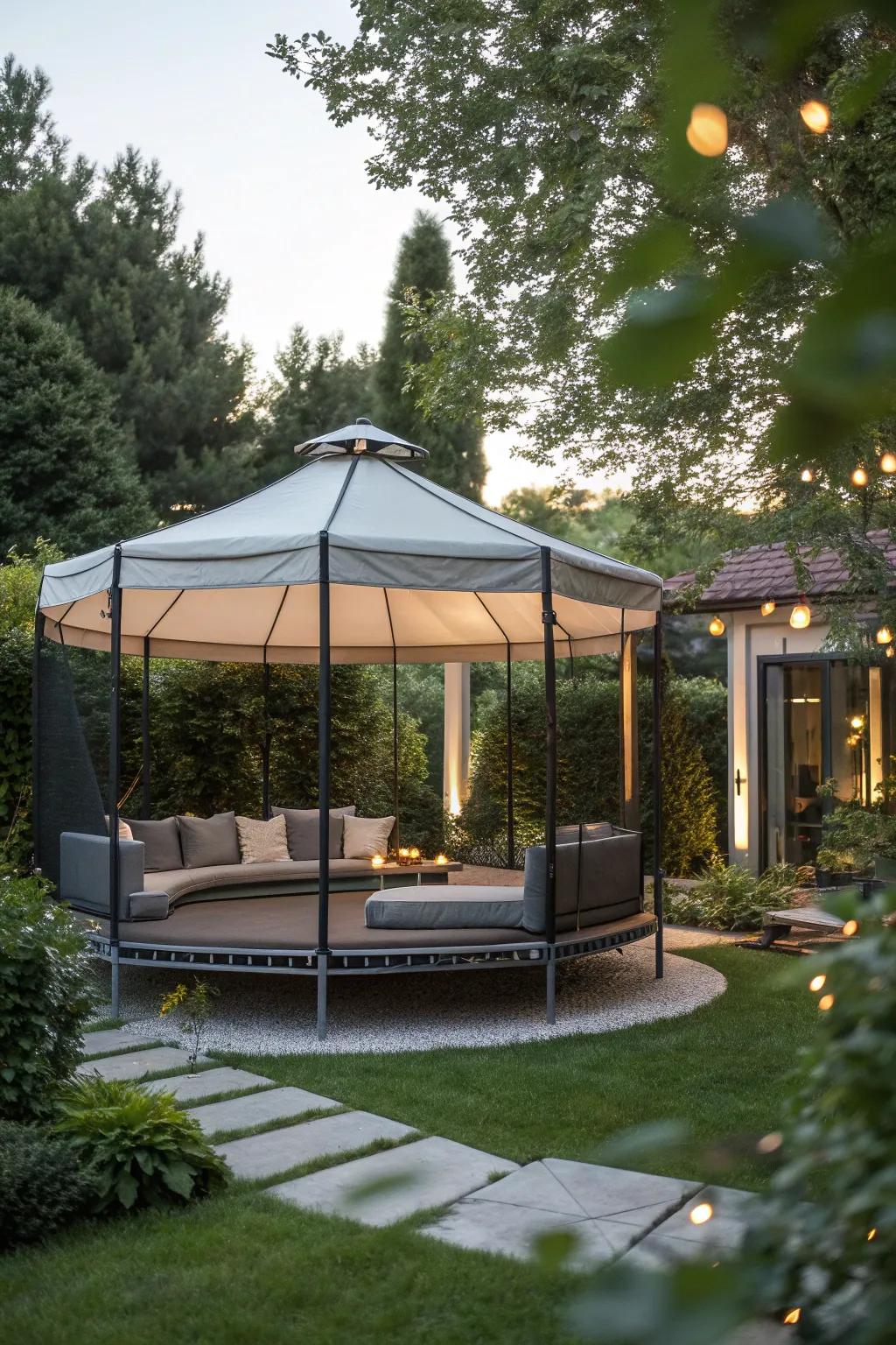 Transform your trampoline frame into a chic garden pavilion for stylish outdoor shade.