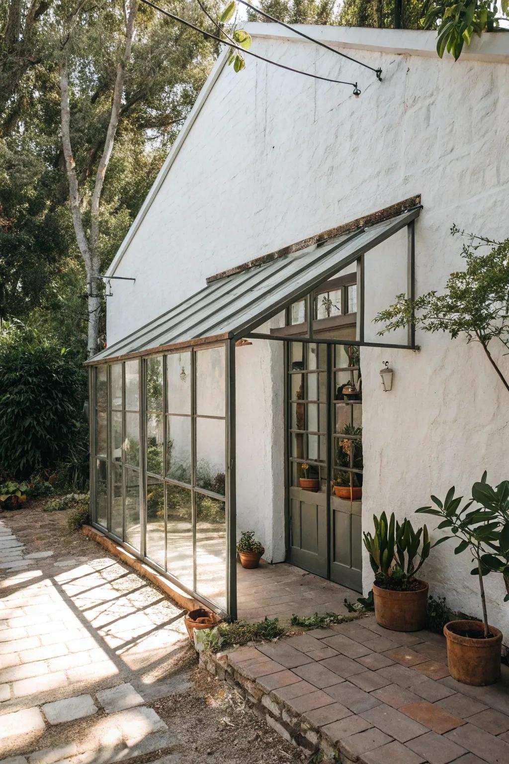 Elevate your garden with an industrial-chic lean-to greenhouse, where rustic metal meets natural beauty.