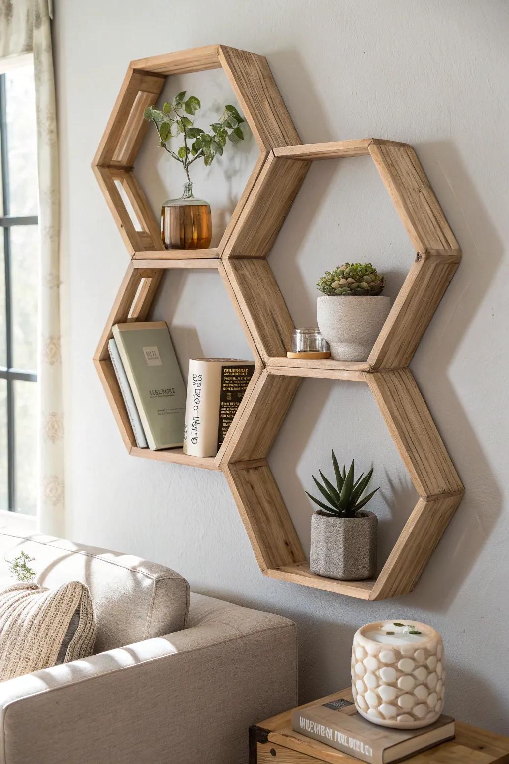 Elevate your space with DIY hexagon shelves - where minimalist design meets natural elegance.