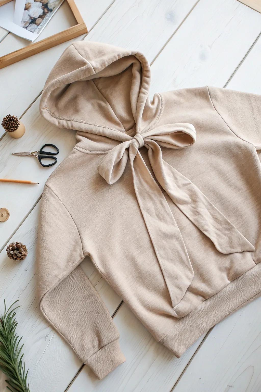 Transform your sweatshirt with a simple yet elegant open-back bow design for a chic and effortless look.