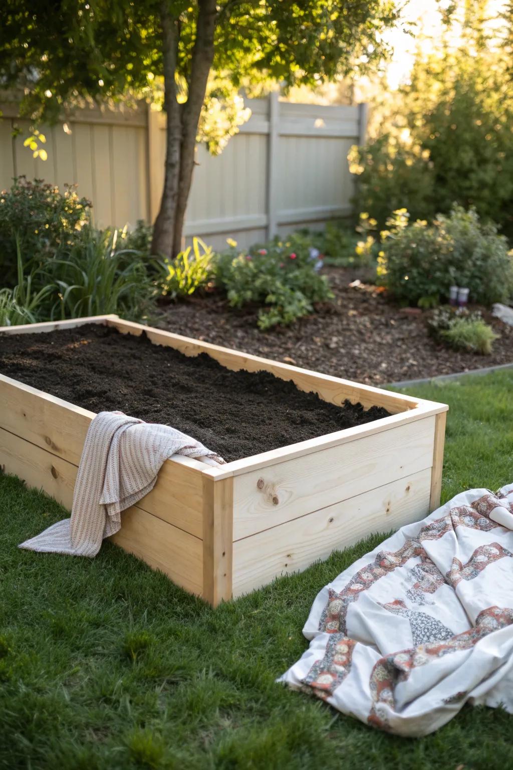 Create a pawsome playground with eco-friendly materials: a stylish dig box filled with biodegradable mulch!
