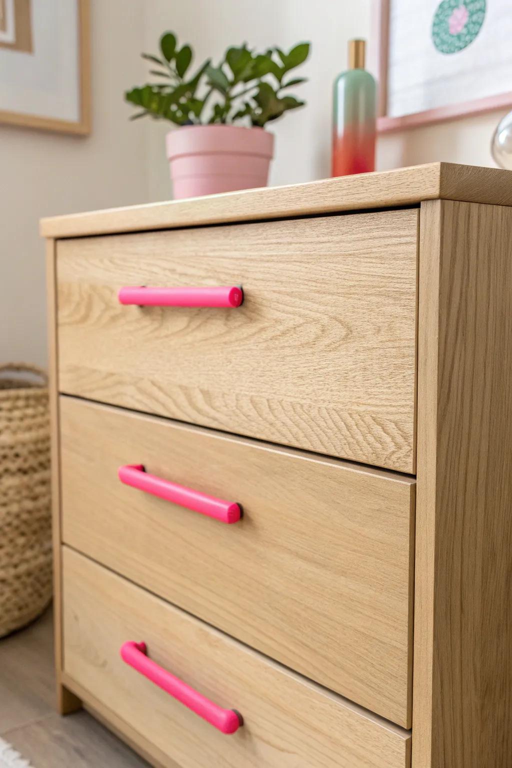 Transform your dresser into an art piece with bold neon pink handles for a chic minimalist touch.